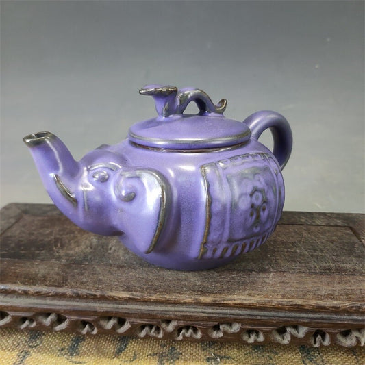 4.1" Collet Chinese Song Porcelain Ru Kiln Violet Glaze Animal Elephant Teapot