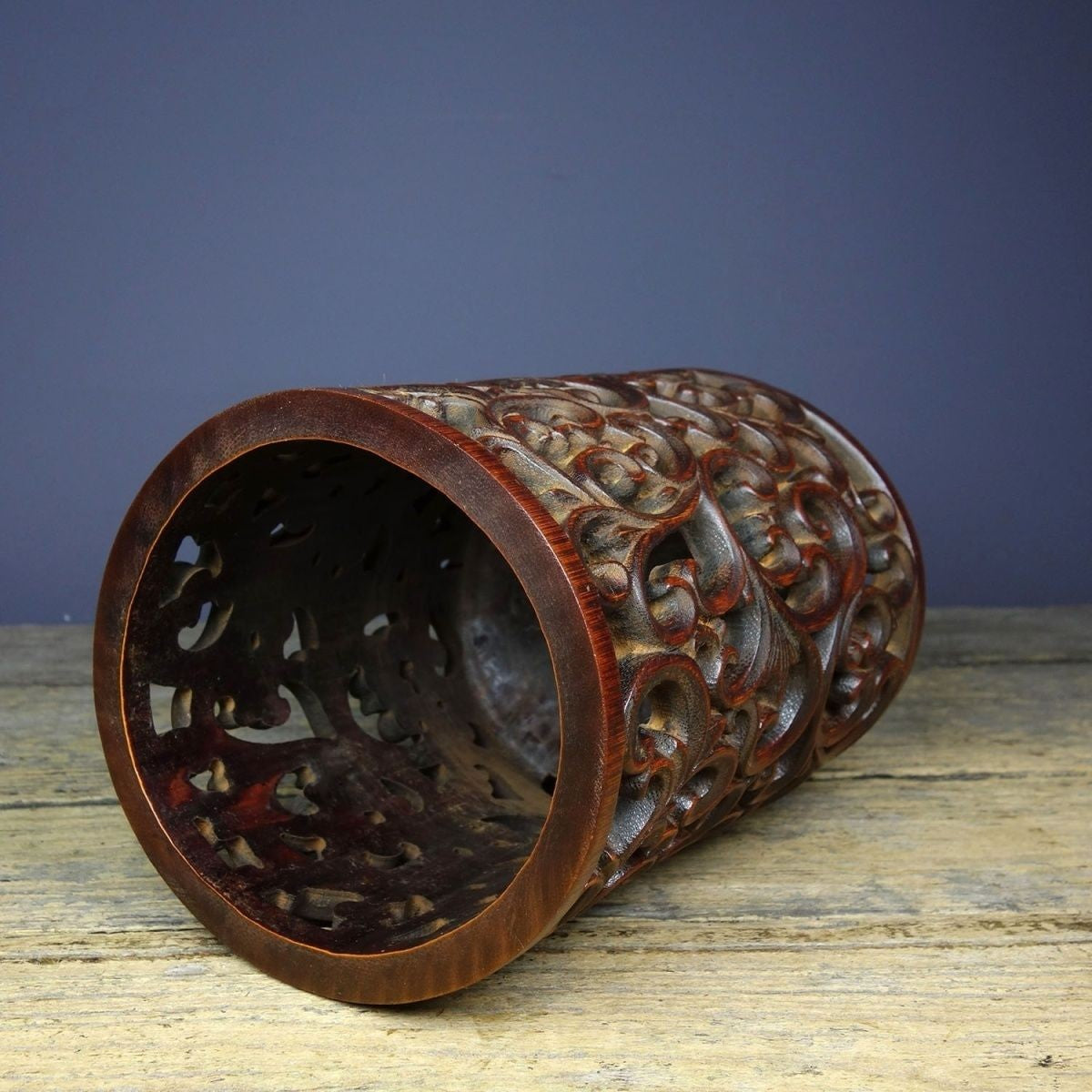 Vintage Bamboo Openwork Brush Pot 12x16cm Antique Scroll Pattern