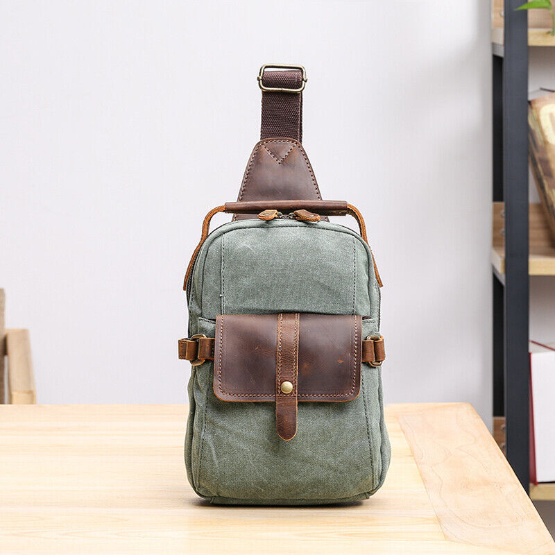 Canvas Real Leather Sling Bag One Strap Backpack Rucksack Chest Pack Vintage