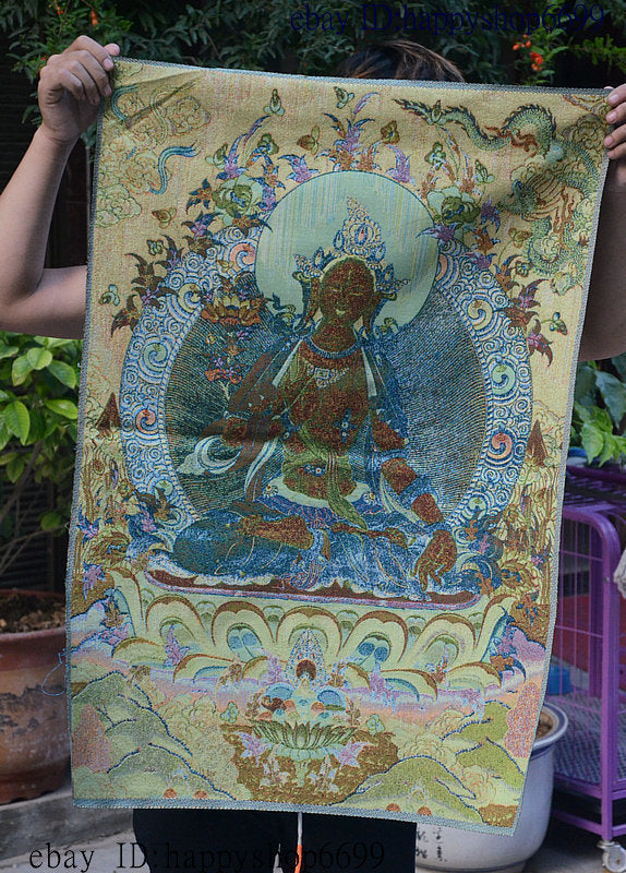 36" Tibet Buddhism Silk Cloth White Tara 7 eyes Thangka Painting Mural 11