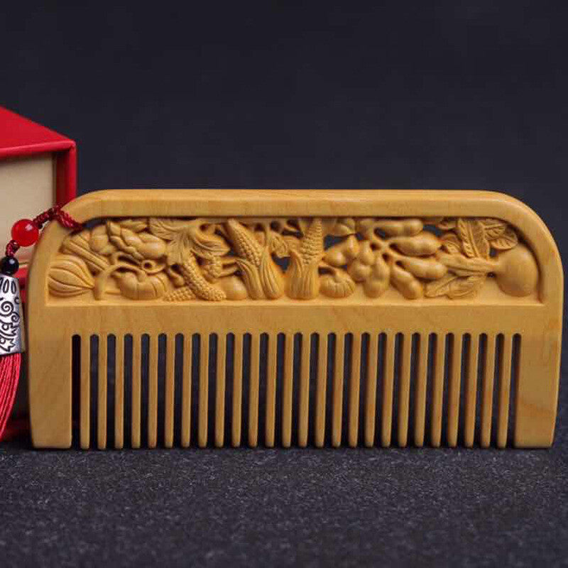 115*55*12mm Fruit “硕果累累” Pattern Hand Carving Boxwood Crafts Comb