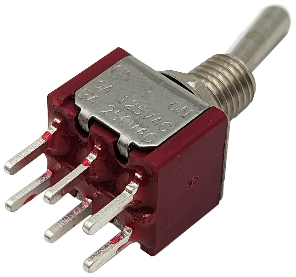Mini DPDT Toggle Switch ON-ON, 6-Pin Through-Hole PCB Leads, 6A @ 125V AC