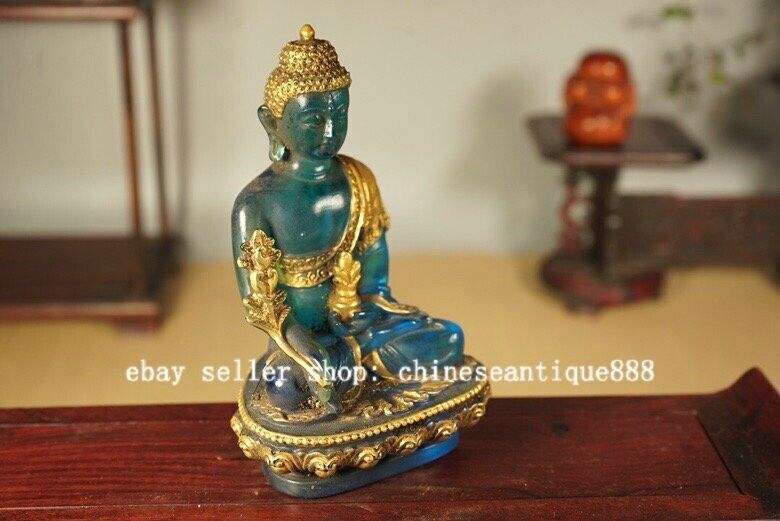 5'' Old Tibet Colored Glaze Gilt Menla Medicine Buddha Medical God Lotus Statue