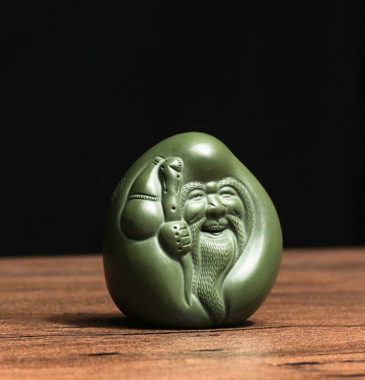Chinese Yixing Zisha Tea Pet Statue Pottery Green Clay Longevity God Lid Pallet