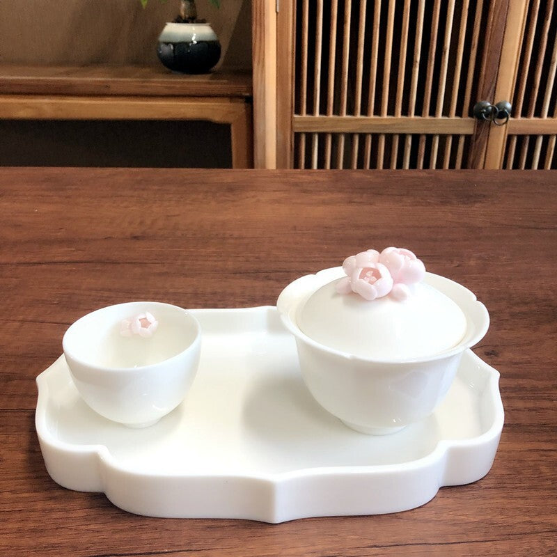 Artful Porcelain Teaset Gaiwan Matching Cup Tea Plate Tray Ceramic Floral Relief
