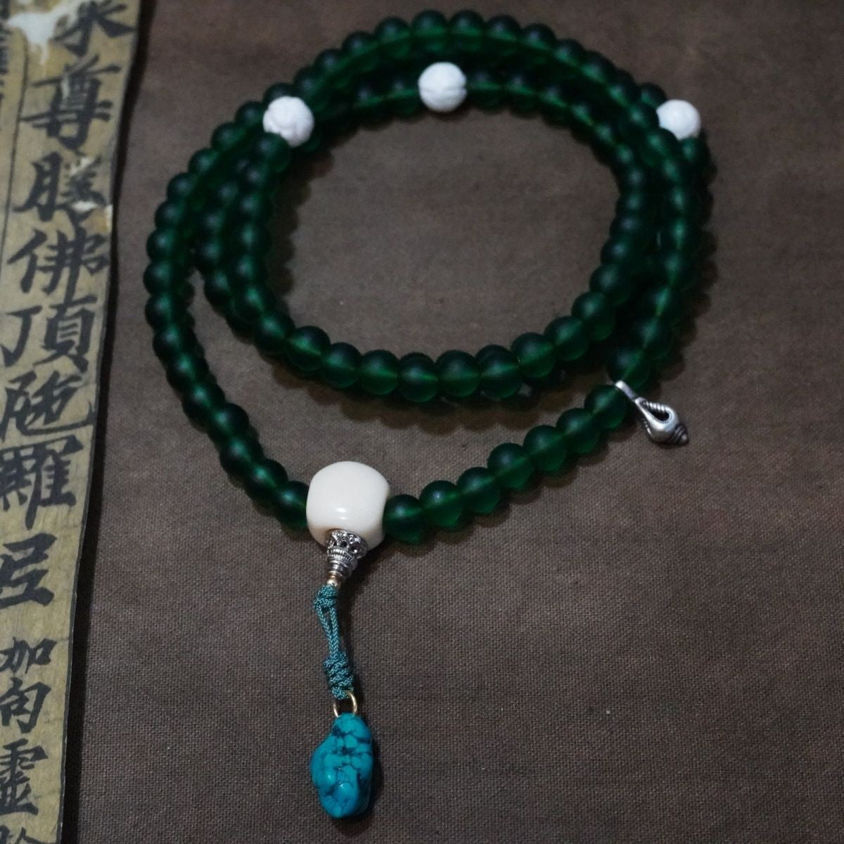 Green Tara Green Glass Mala 8mm 108 Tibetan Buddhist Prayer Beads
