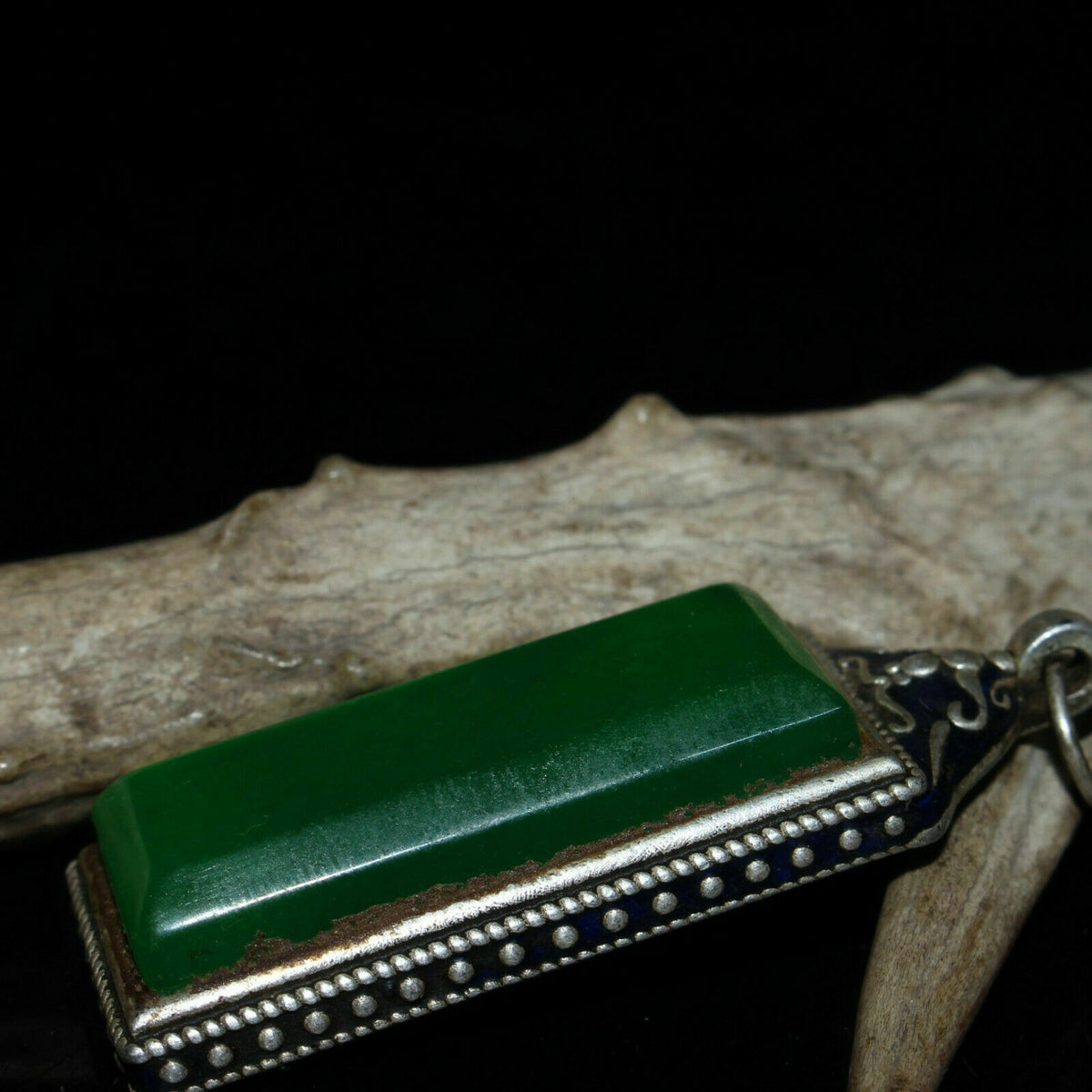 Old Chinese Tibetan silver inlaid green jade pendant