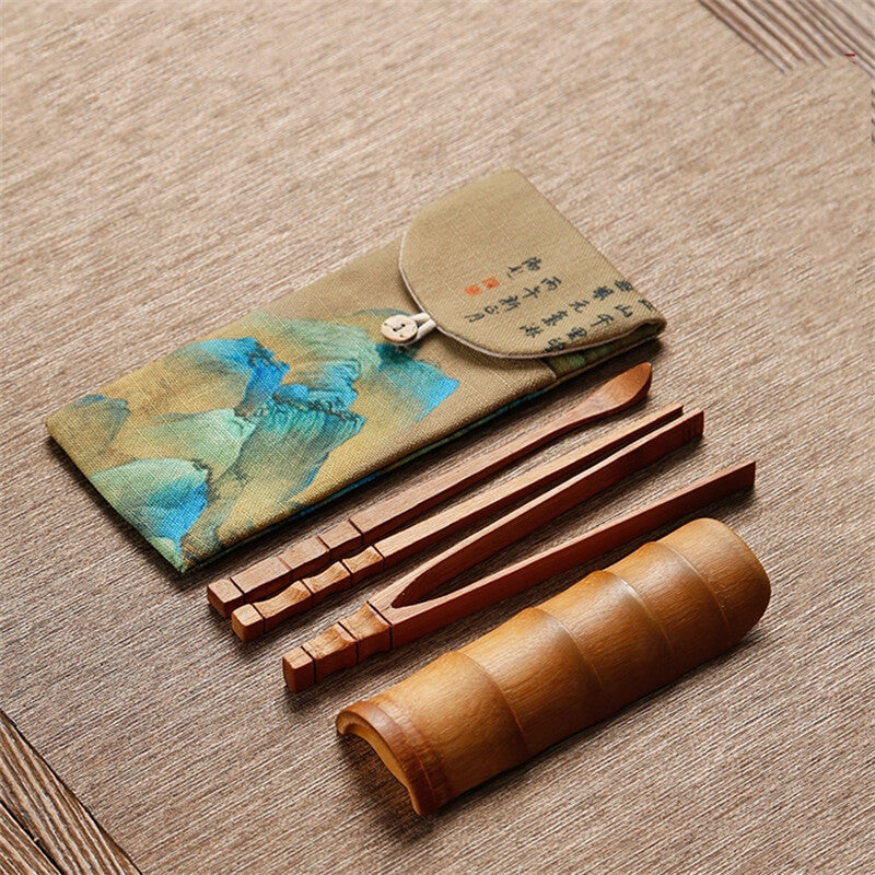 Cotton Linen Storage Bag Set Kung Fu Tea Set Bag Bamboo Tea Clip Accessories