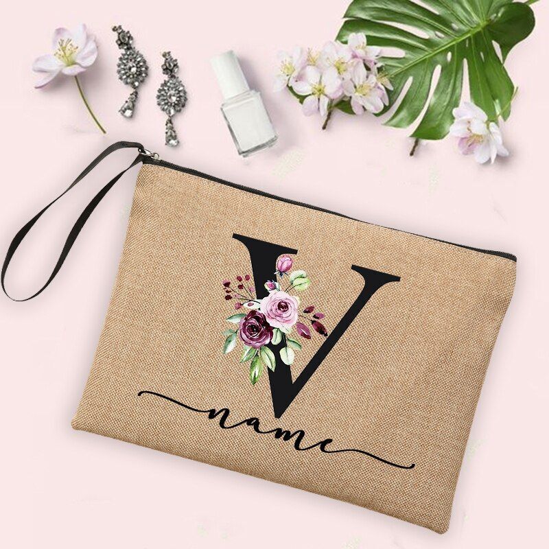Flower Initial Cosmetic Bag Women Makeup Bag Linen Zipper Pouch Travel Organizer