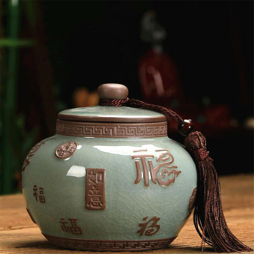 Luck Porcelain Embossed Tea Tin Storage CeladonTea Canister Tea Caddy Tea Set