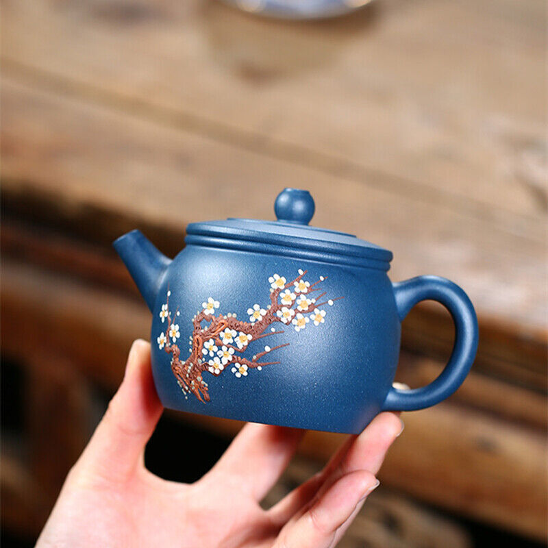 Handmade Tea Pot Marked Floral Relief Chinese Real Yixing Republic Green Clay