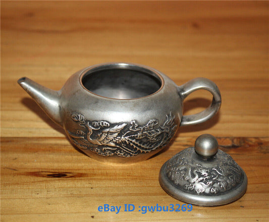 Collect Rare Chinese Old Tibet Silver Hand Carved Phoenix Dragon Teapot 20736