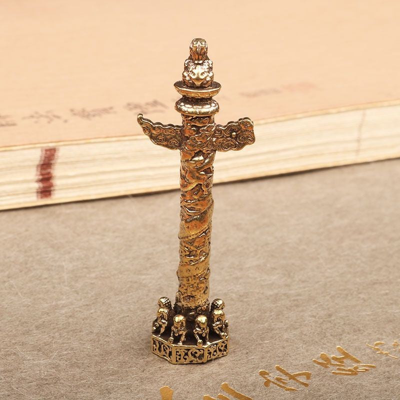 2PCS Brass Huabiao Column Ornament Dragon Pillar Chinese Style Desktop Decor