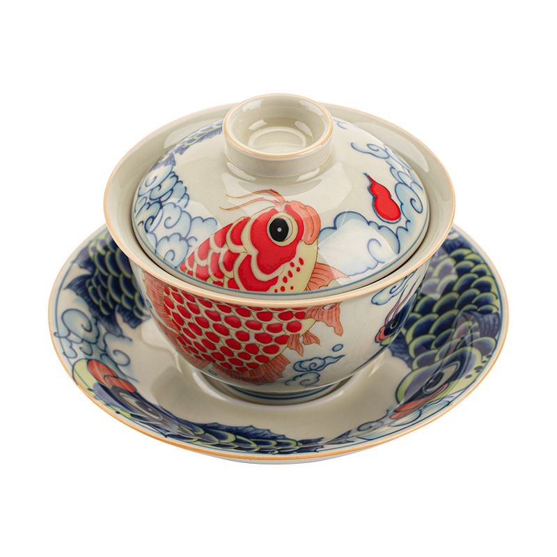 Traditional Chinese Style Koi Fish Gaiwan 120ml Three-Piece Tea Bowl
