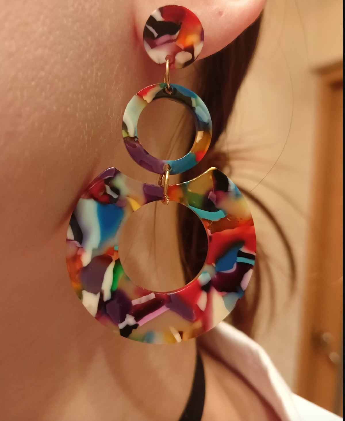 Large Multi Color Acrylic Circle Earrings Rainbow Fashion Cute Stylish Dangle