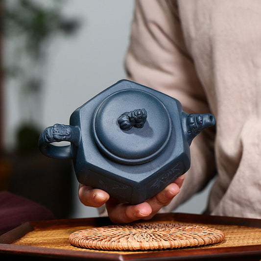 5.4"Chinese Yixing Zisha Pottery Celeste Clay 270ML Mesh Six Sides Lion Teapot