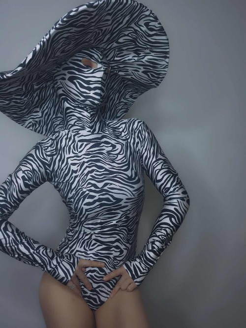 Big Hat Women Nightclub Green Black Zebra Stripes Bodysuit Performance Leotard