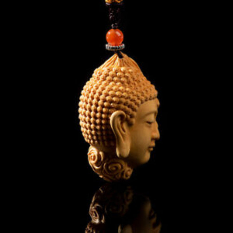 Boxwood Carved Buddha Devil Head Pendant Wooden Sculpture Statue Decor