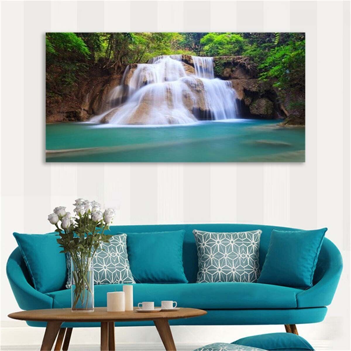 Large art prints Home Decor Canvas Painting Wall Art Forest Waterfall Green