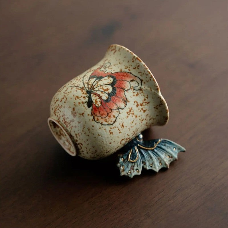 80ML Ceramic Handpainted Butterfly Flint Red Teacup Tea-tasting Cup Master Cup