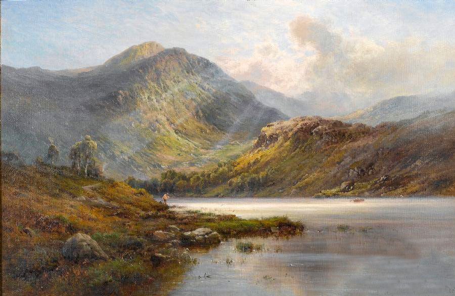 Oil painting nice landscape Sunshine through the clouds shining on the lake