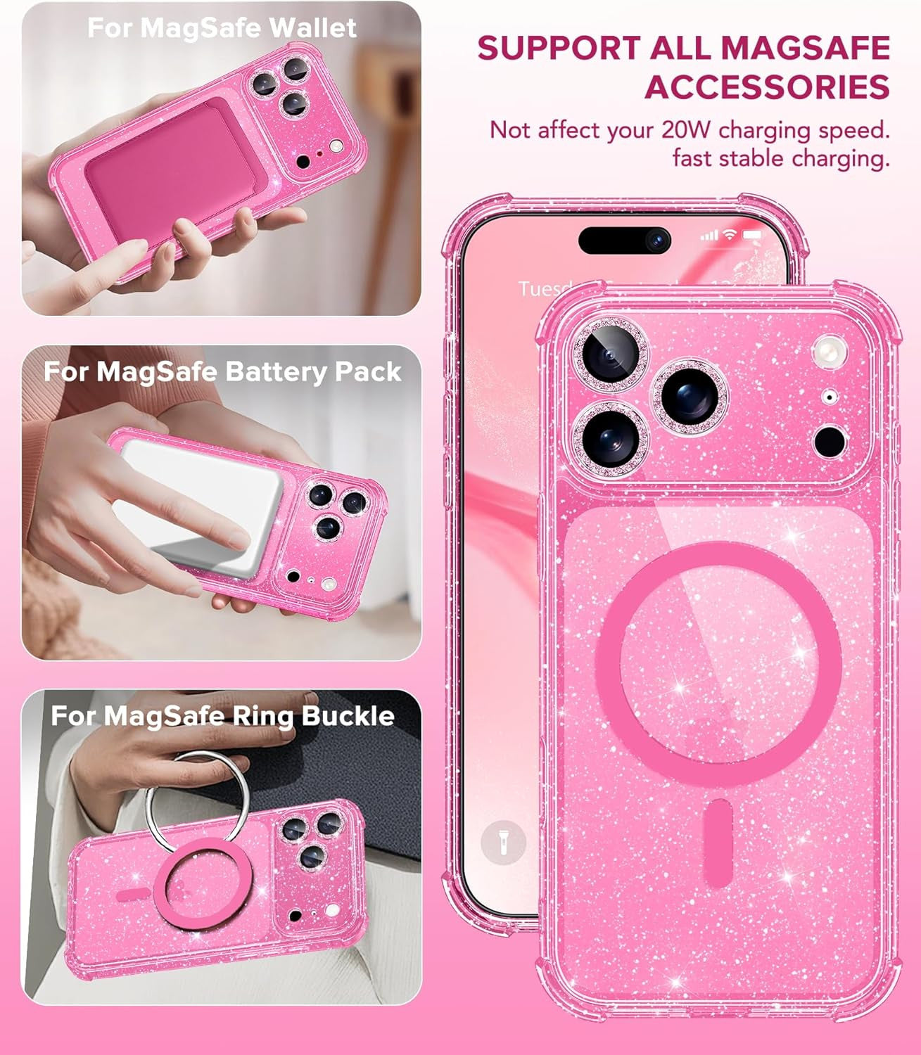 for Iphone 17 Pro Case for Women, Compatible with Magsafe, Clear Glitter Shockpr