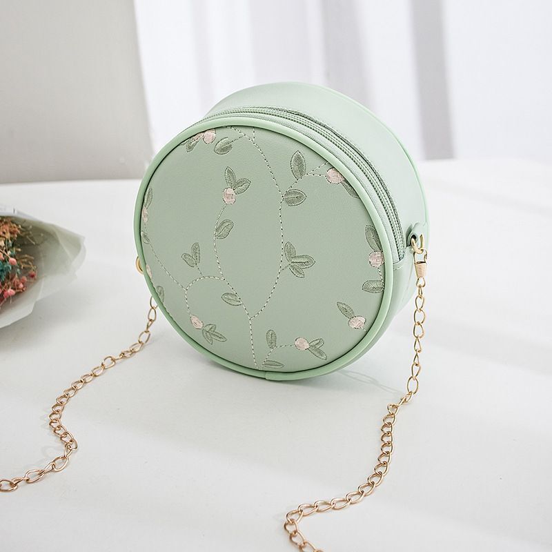 Sweet Lace Round Handbags Synthetic Leather Crossbody Bags Small Flower Chain