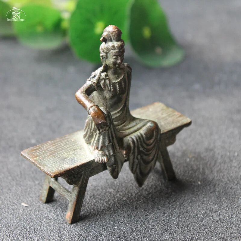 Antique Copper Bench Guanyin Bodhisattva Statue Desktop Ornament Buddha Figurine