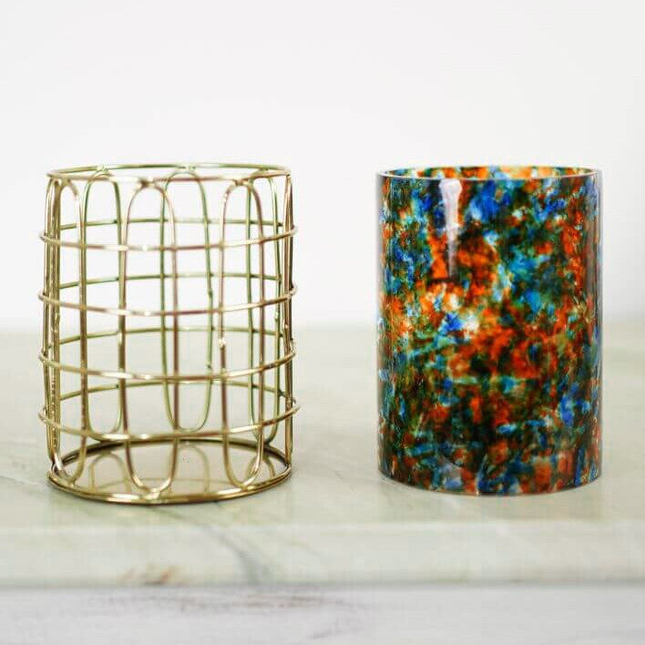 Set of 2 Stainless Steel (Gold Color) and Turquoise Glass Silverware Holders