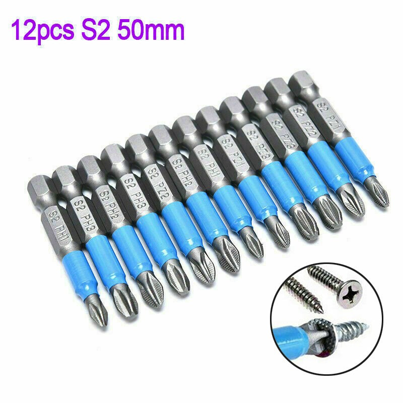 12Pcs 50mm S2 Steel Single-Sided Hexagonal Shank Magnetic Screwdriver Bit Set