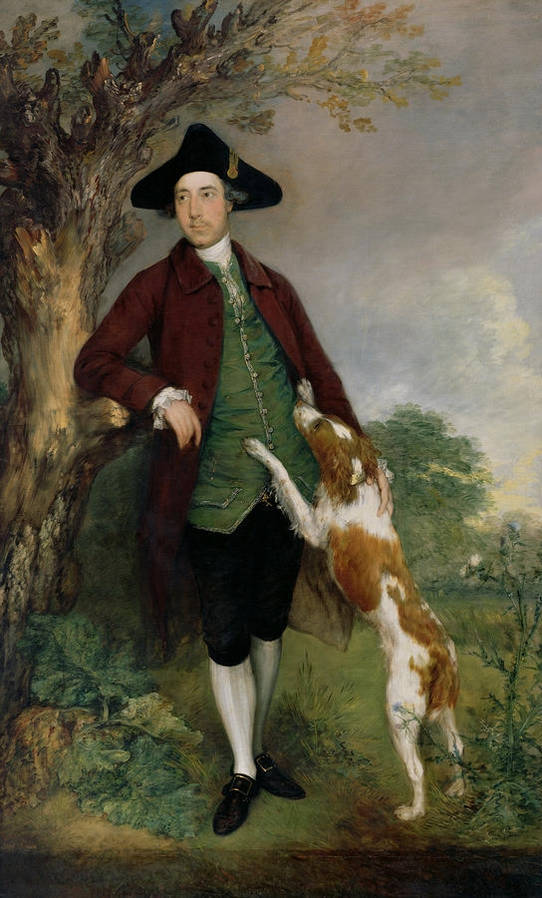 Oil painting male portrait count with his dog hound in landscape Hand painted