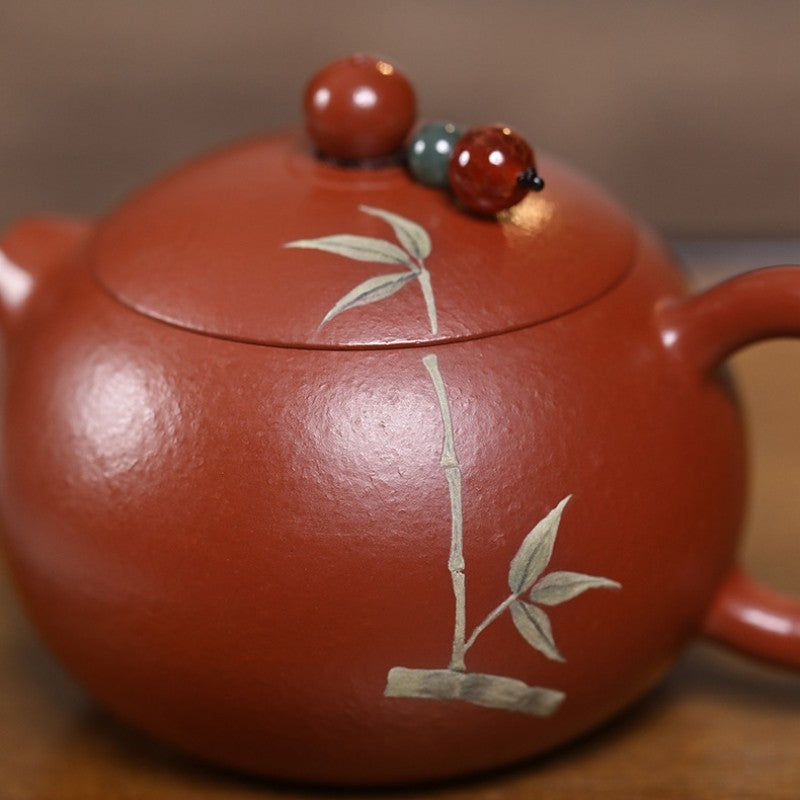 Yixing Zisha Teapot Original Zhuni Clay Xishi Pot Fully Handmade Bamboo Print