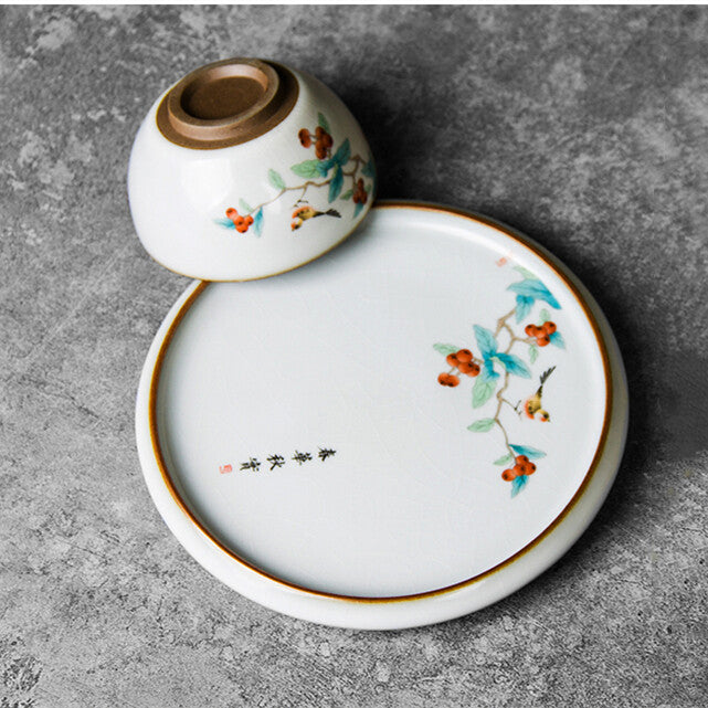 Ceramic Tea Plate For Gaiwan Pot Cup Crackle Glaze Handpainted Tea Tray Round