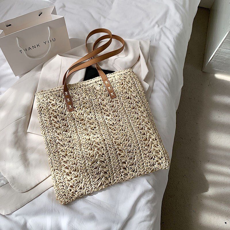 Straw Beach Shoulder Bags Summer Vacation Handbags Hand-Woven Tote Beige/Khaki