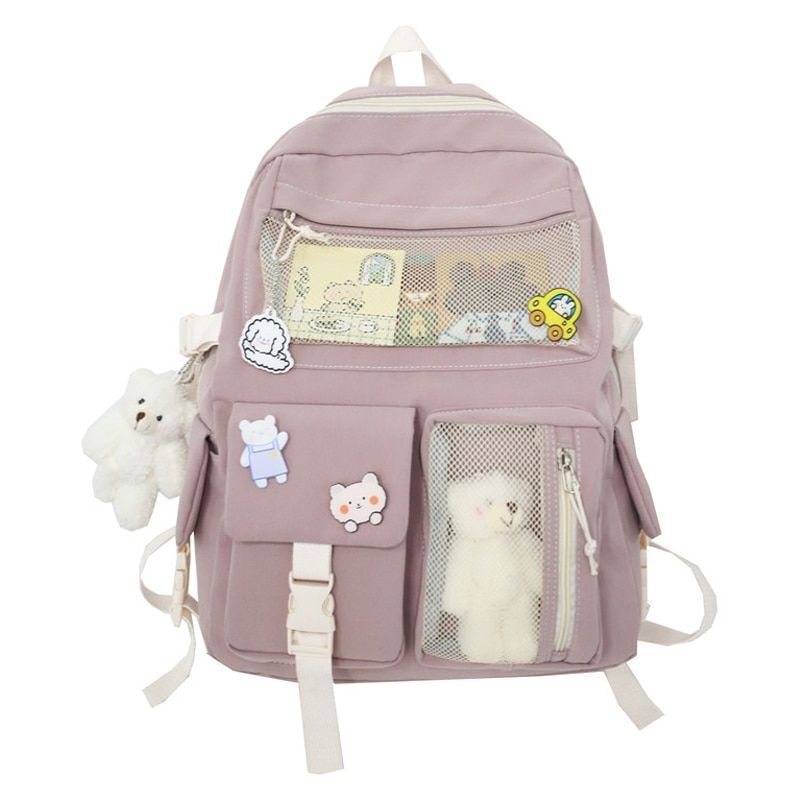 Buckle Badge Backpack Candy Color Fashion Cute Schoolbag Shoulder Bag 32*43*13CM