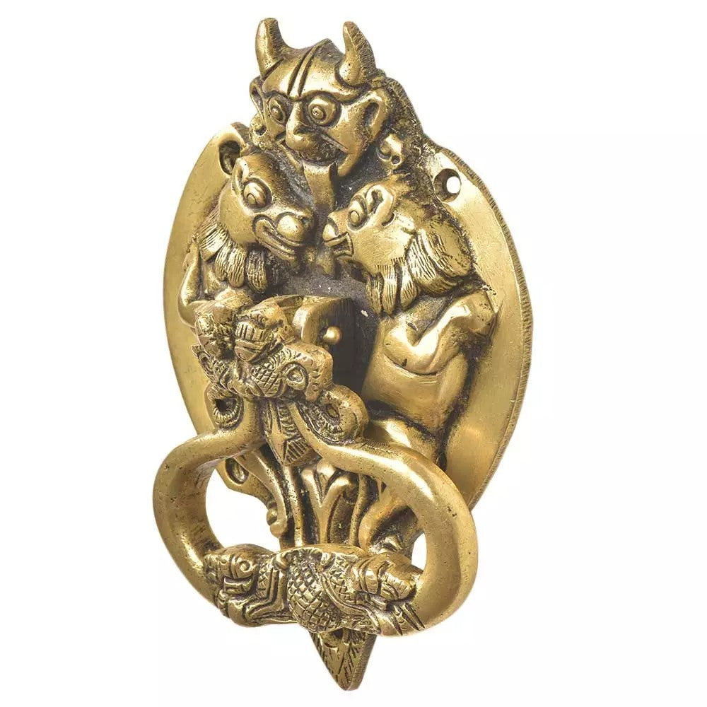 Antique Look Brass Demon Two Lions Dragon Head Door Knocker Door Bell Home Decor