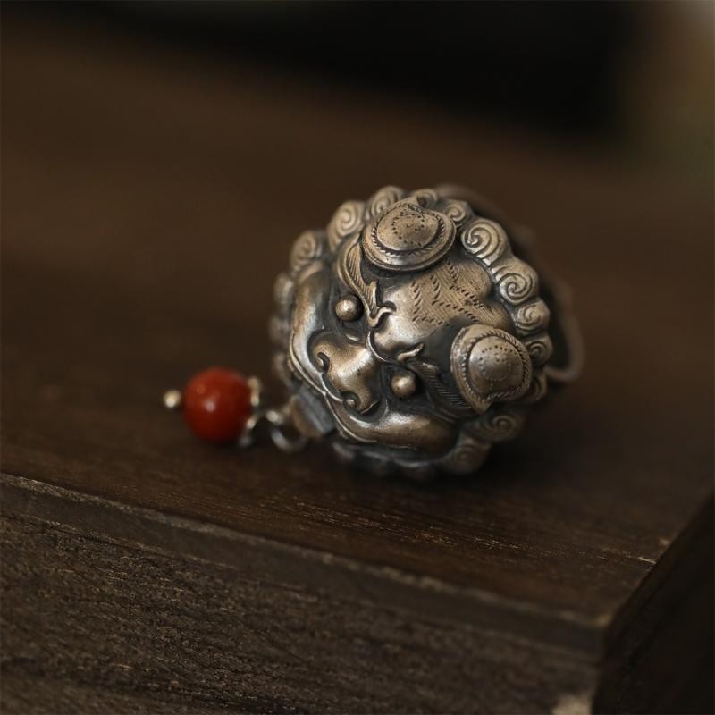 Gold-Swallowing Beast Ring Size Adjustable Lotus Red Bead Ethnic Jewelry