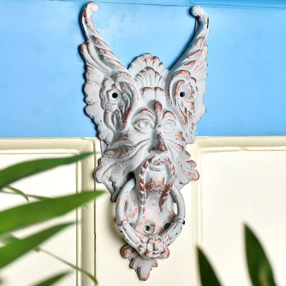 Antique Look White Cast Iron Gothic Gargoyle Face Door Knocker Door Bell