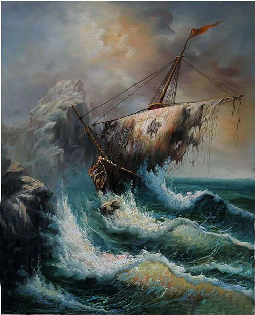 Stunning Oil painting seascape Shipwreck & broken vessel with ocean waves canvas