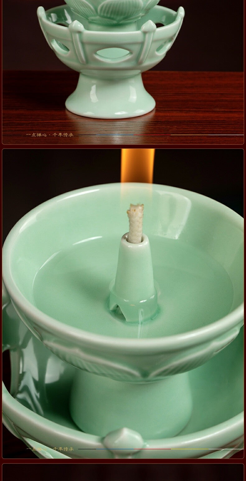 Buddhist Celadon Oil Lamp Candlestick for Buddhist Butter Lamps Decoration
