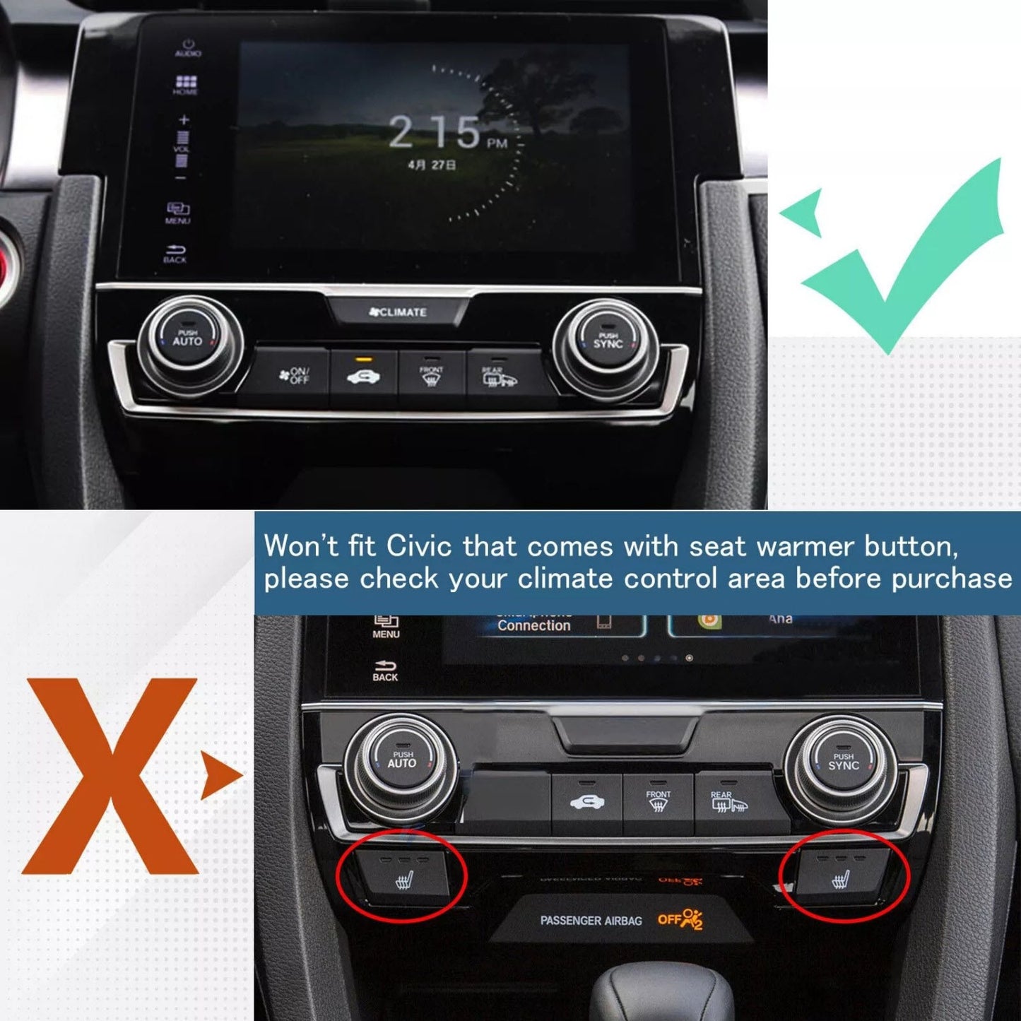 1x Carbon Fiber Center Console A/C Switch Cover Trim for Honda Civic 2016-2021