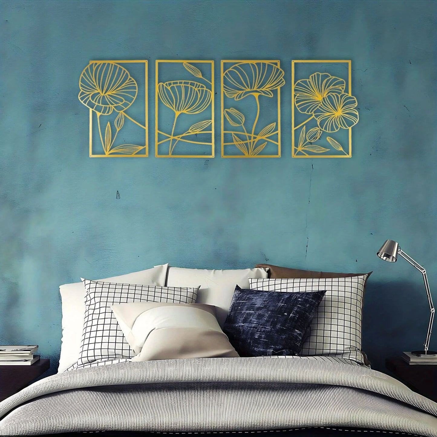 4 Piece Metal Lotus Flower Wall Decor, Floral Aesthetic Splicing Line Art