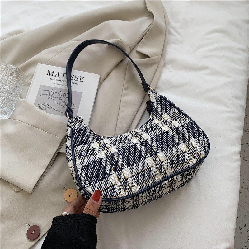 Plaid Canvas Bag Synthetic Leather Shoulder Bag Simple Zipper Handbags 24*8*18CM