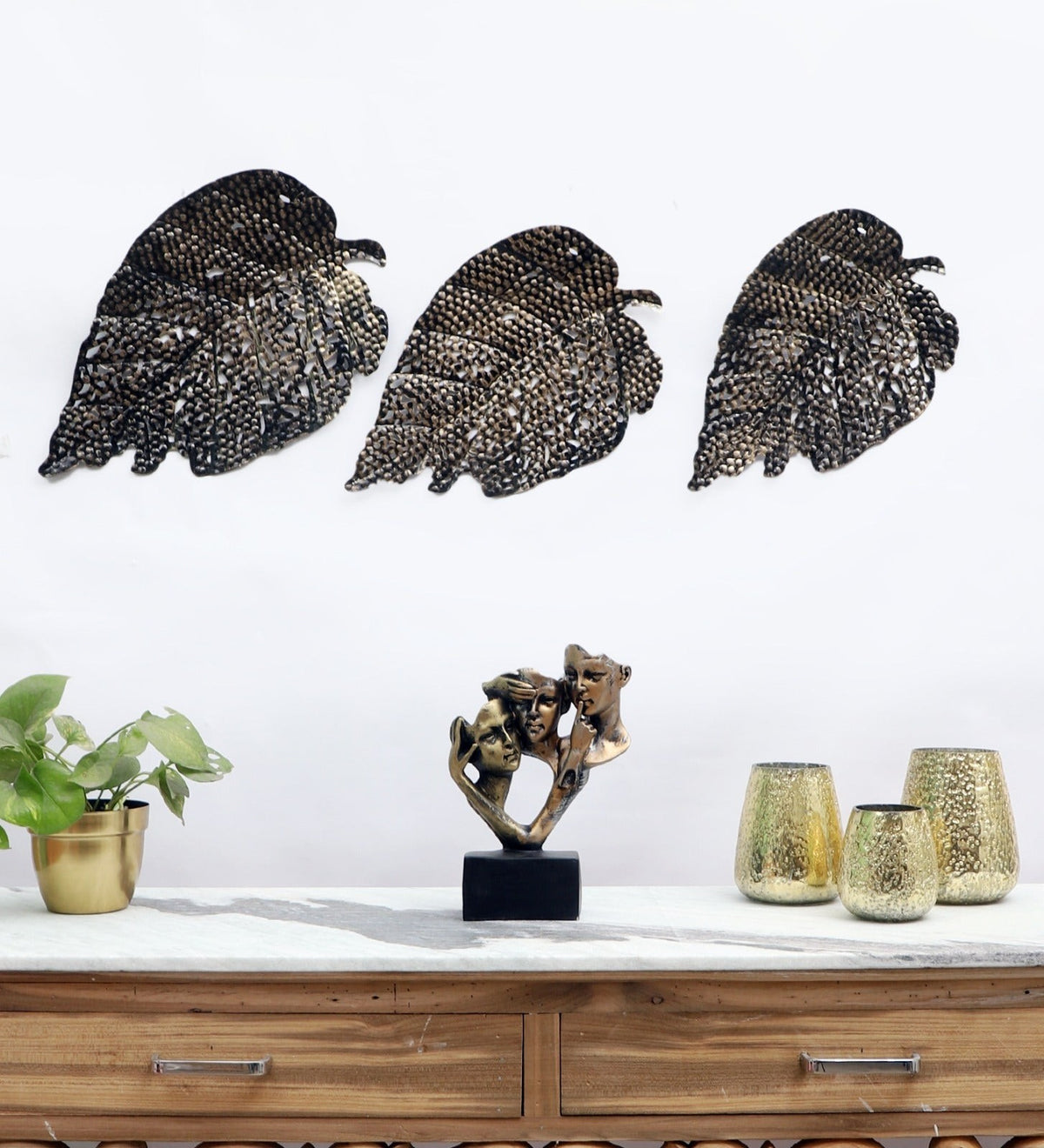 Set of 3 Different Size Black & Gold Angled Hanging Maple Leaves 3D Floating ...