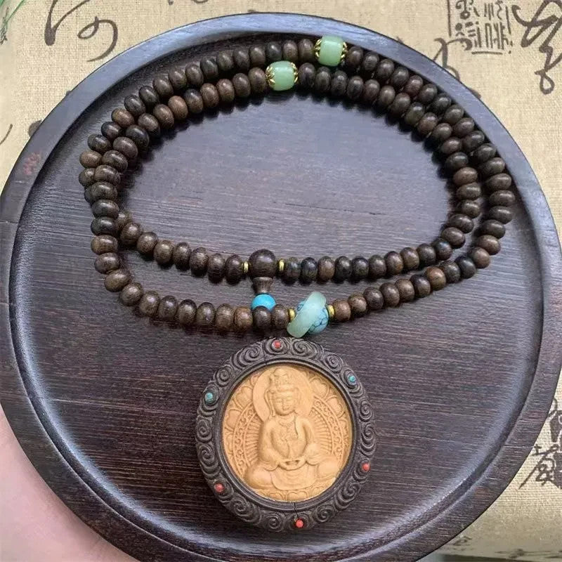 China Natural Wood Carving KWAN-YIN Pendant Blessing Abacus Beads Necklace Gift