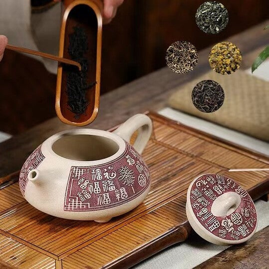 Marked Tea Pot 9 Infuser Holes Color Changed Hand Carved Yixing Zisha White Clay