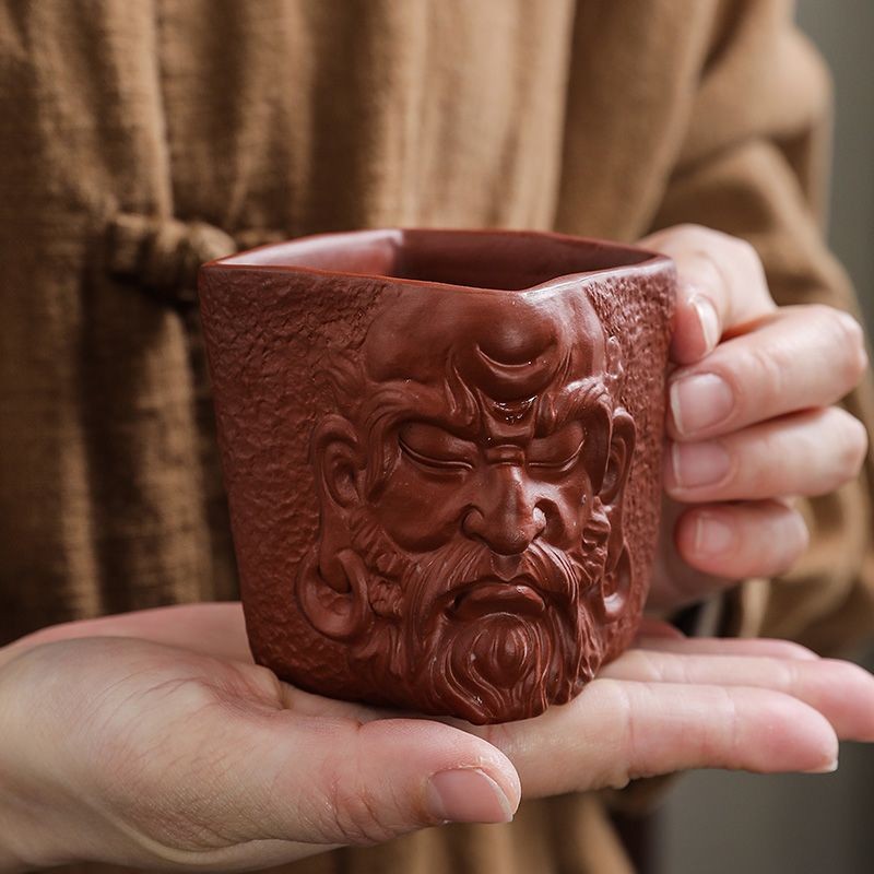 Master Grade Yixing Purple Clay Dharma Cup Hand Carved Square Tea Cup