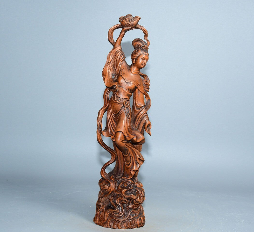 Chinese Wood Carving Beautiful Woman Fairy Boxwood Wooden Statue Vintage Carved