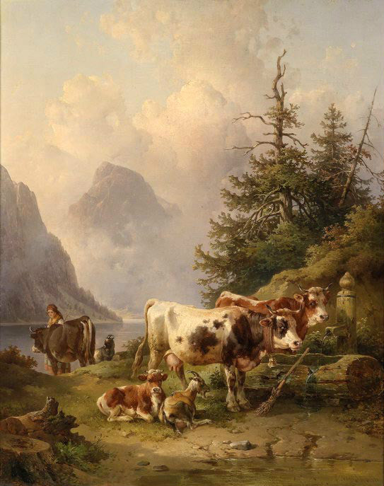 Wholesale oil painting Rancher woman with cows cattles Calf by sunset river 36"