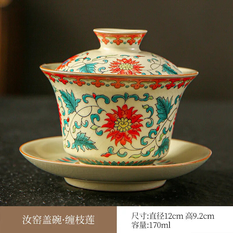 Handmade Retro Gracked Glaze Ceramic Tea Bowl, Large Beige Ru Ware Gaiwan